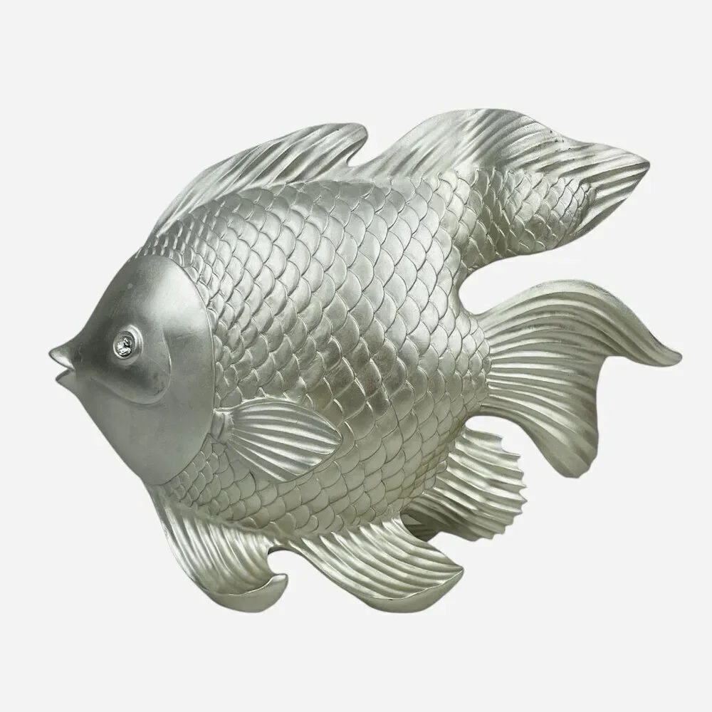 Large Silver Fantail Fish Resin Statue Jewel Rhinestone Eyes Sculpture Decor Art